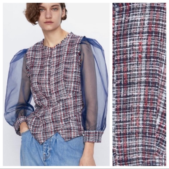 NWT Zara Tweed Blouse with Organza Sleeves Size S. - Picture 3 of 9